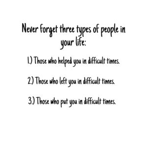 Read more about the article Never forget three types of people in your life. 1.) Who helped you in difficult times. 2.) Who left you in difficult times. 3.) Who put you in difficult times.