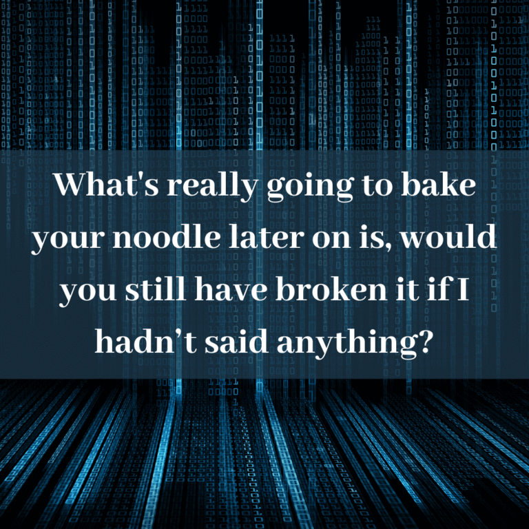 Read more about the article What’s really going to bake your noodle later on is, would you still have broken it if I hadn’t said anything?